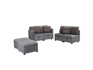 Canapé droit convertible   6 places Velours gris avec coffre de rangement