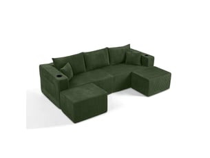 Canapé d'angle, canapé modulable, 3 places, en velours tricoté, vert, porte-gobelets, poches latérales