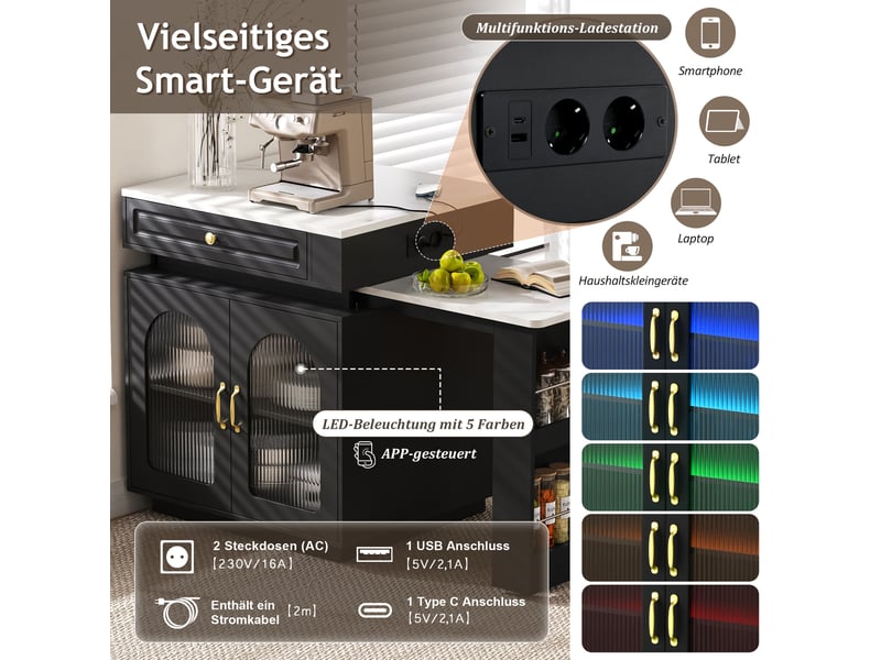  Îlot de cuisine extensible 2 à 4 places, led et prises - lpospi - rangements, 128 × 71 × 92 cm, mdf et verre noir  - Conforama E