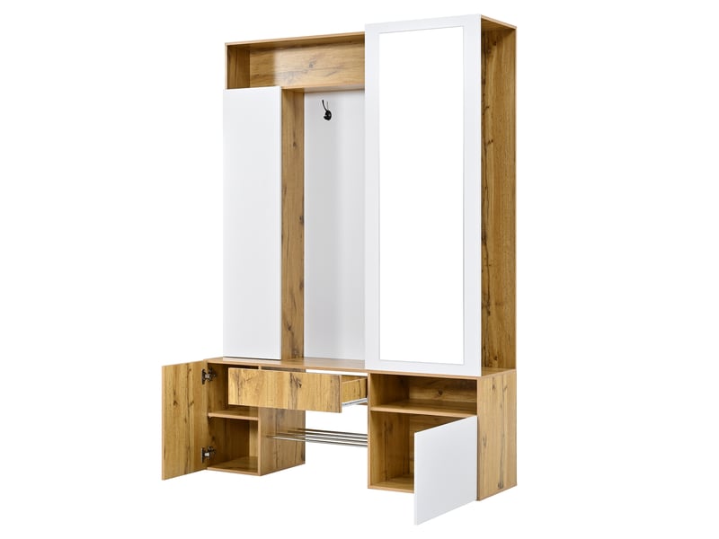  Meuble d’entrée avec miroir, penderie, rangement chaussures, tringle et crochets  - Conforama E