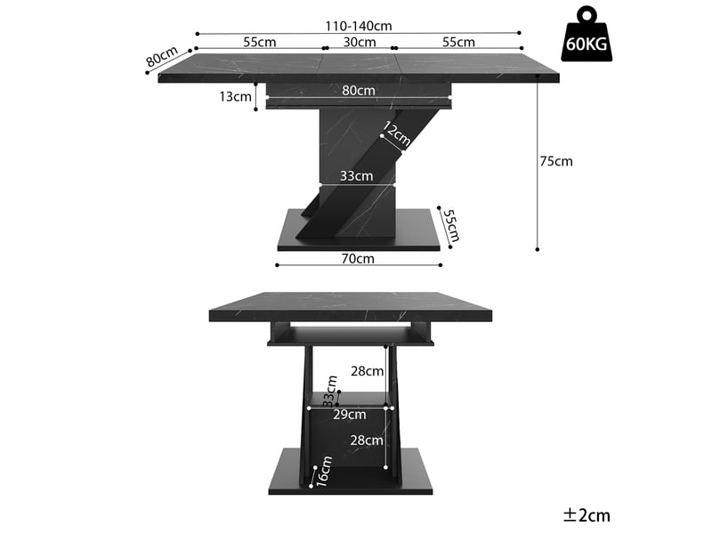 Table de cuisine rectangulaire avec allonge noir - 80x110-140max.cm mdf table noir - Conforama C