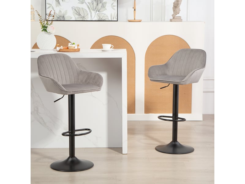  Lot de 2 tabourets de bar, chaises de bar en velours avec dossier, repose-pieds, hauteur réglable et pivotante gris  - Conforama D