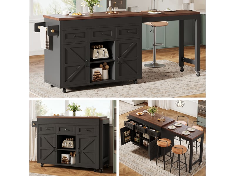 Îlot de cuisine noir avec rangement, table de bar extensible (131,5-210 cm), pivotant à 360°, pour petits espaces  - Conforama C