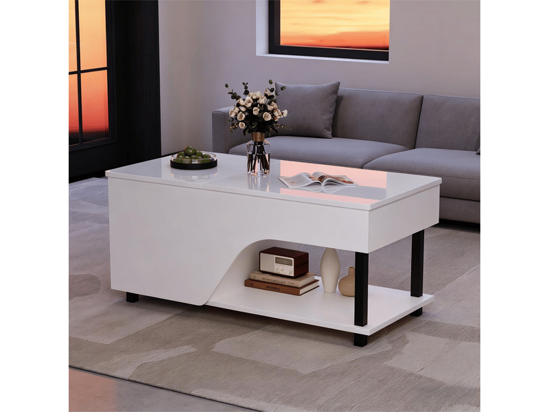 Table basse relevable blanche 100x50 cm avec rangement caché, plateau réglable et éclairage led brillant  - Conforama W