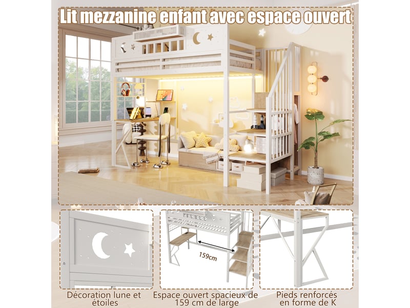 Lit mezzanine, 90 x 200 cm, structure en fer, panneau perforé, étagères multiples, bureau, port usb, barrière de sécurité, éclairage led, pieds en forme de k, matelas non inclus, blanc - Conforama E