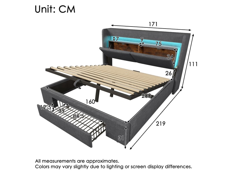 Lit coffre 160 x 200 cm gris en lin avec matelas, led, usb et usb-c - Conforama E