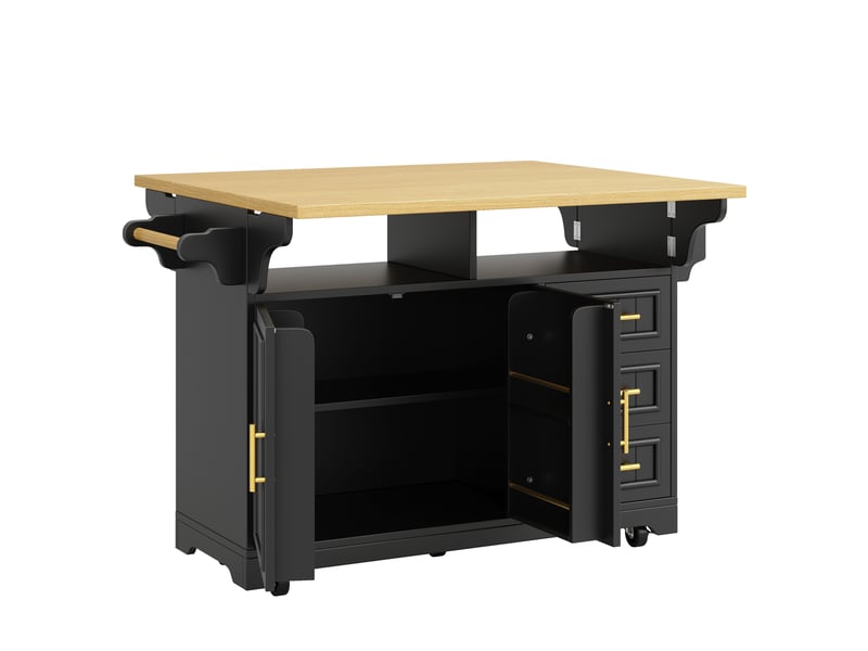  Desserte 2 portes 3 tiroirs - îlot de cuisine mobile avec plateau rabattable 143x40x95 cm en mdf noir  - Conforama D