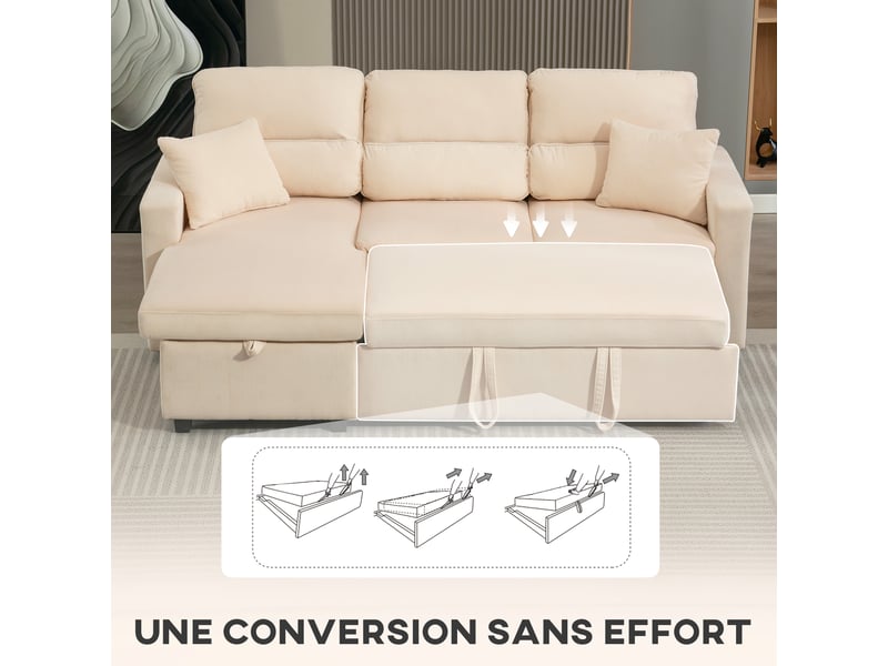  Canapé d'angle convertible en velours côtelé, canapé-lit 3 places avec rangement caché, coussins, beige, 205x135x76cm  - Conforama E