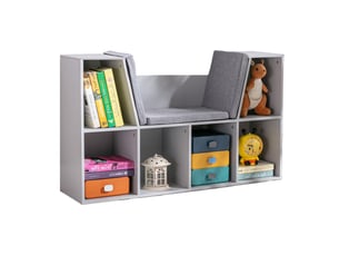 Étagère et banc 2 en 1 pour enfants avec coussin, 103 cm × 30 cm × 62 cm, blanc et gris