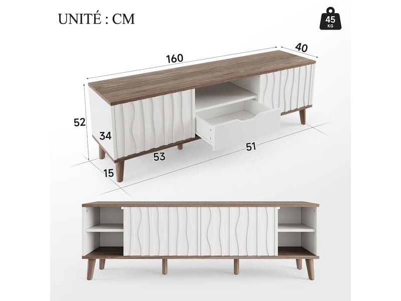  Meuble tv blanc et noyer 160 cm avec led et portes coulissantes, pour tv jusqu'à 70 pouces  - Conforama C