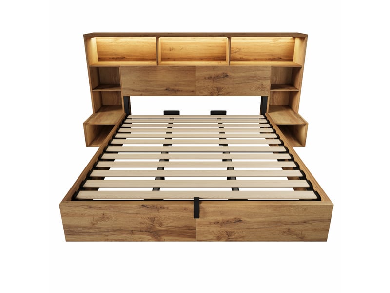  Lit coffre chêne 180x200 cm avec chevets, led, usb et type-c Fay Lum - Conforama R