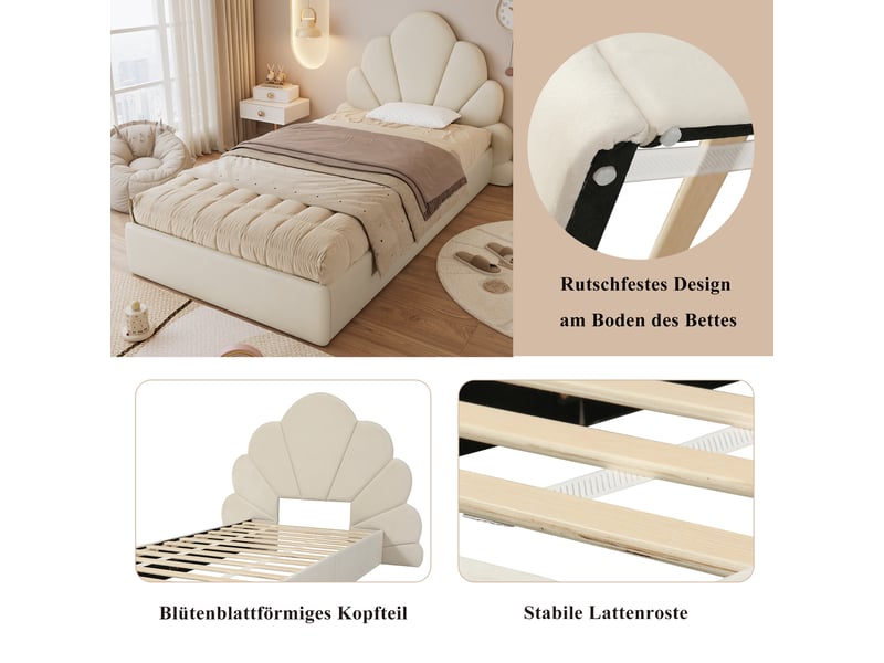  Lit enfant 90x200 cm, tête de lit à pétales courbés, sommier, velours beige, sans matelas  - Conforama E