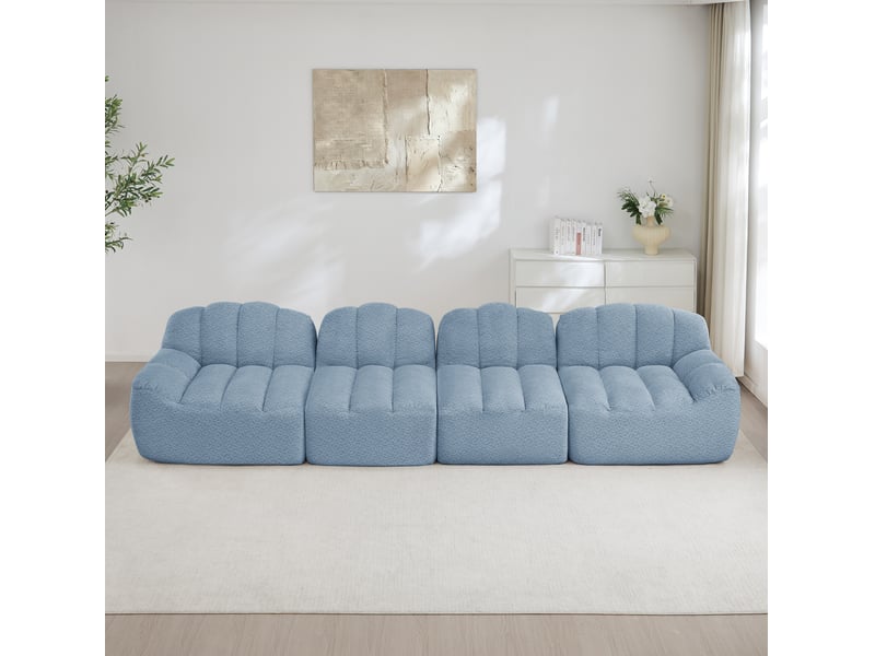  Canapé modulable 4 places 366x104x79 cm, sans montage, polaire granuleux, sans armature, 32d, assise profonde, bleu  - Conforama D