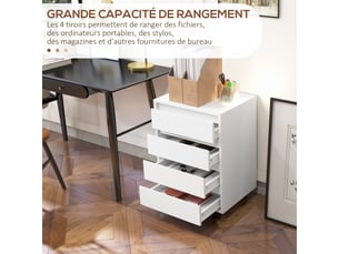 Caisson de bureau rangement bureau sur roulettes 4 tiroirs coulissants en aspect bois bois blanc