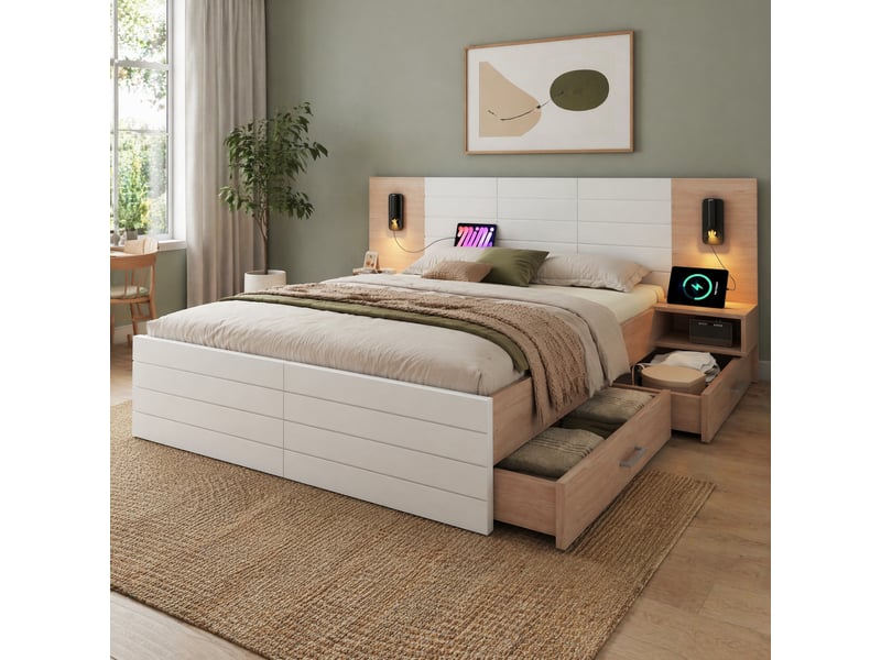  Lit double 160x200 cm avec 2 tiroirs, 2 chevets, liseuses et usb, blanc et chêne clair  - Conforama B