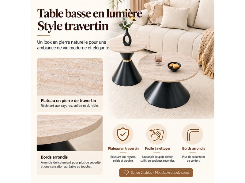  Lot de 2 tables basses rondes, plateau rond effet travertin beige, structure metal noir et dore, ø 7050 cm.  - Conforama D