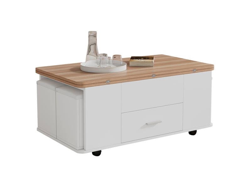  Table basse relevable 100x50x45 cm avec 4 tabourets et tiroir en panneaux de particules blanc naturel  - Conforama A