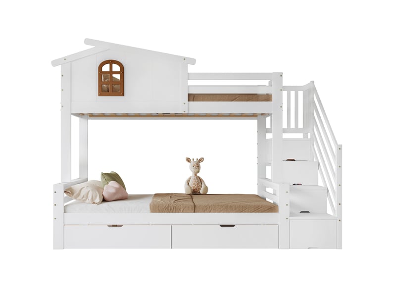  Lit superposé enfant 90x200 cm et 120x200 cm blanc et naturel avec rangements  - Conforama A