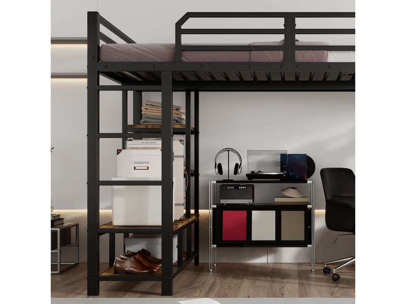  Lit superposé en métal avec bureau et étagère 120x200 cm noir et noyer foncé métal et bois rangement  - Conforama D