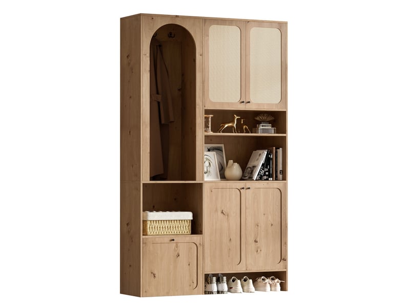 Vestiaire entrée rotin 120x35x200cm, 4 portes, basculant + patères, niches, grand rangement – naturel - Conforama A