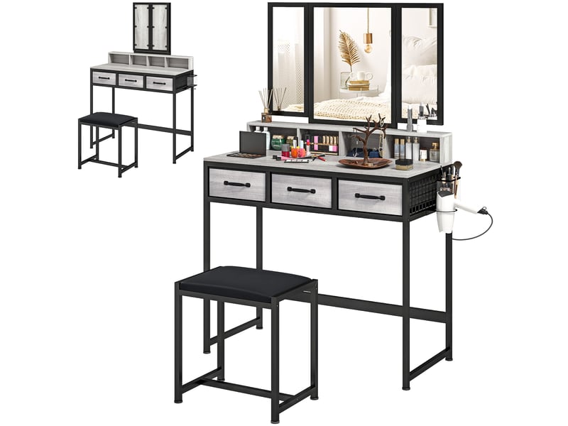  Coiffeuse avec miroir triptyque amovible, tabouret, 3 tiroirs en tissu, support pour sèche-cheveux, grise  - Conforama A