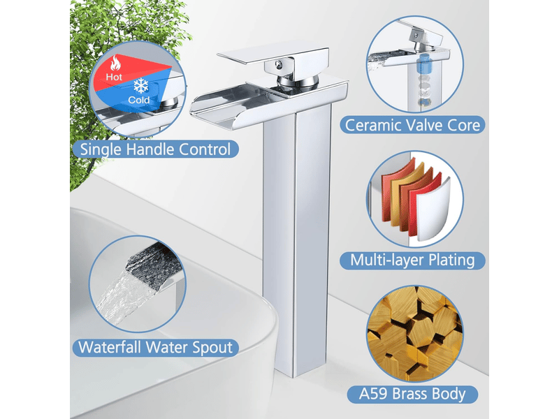  Robinet salle de bain cascade chromé, mitigeur lavabo cascade haut,eau froide &amp; chaude disponible, avec tuyau d'arrivée d'eau de 80 cm  - Conforama D