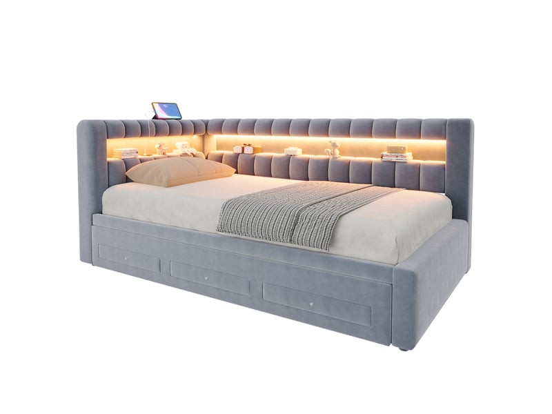 Lit gigogne modenvie 90 x 190 cm en velours gris foncé avec led, usb et rangement  - Conforama A