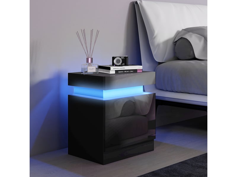  Table de chevet avec éclairage led, 2 tiroirs et commande par application, idéale pour la chambre ou le salon, 45 x 35 x 52 cm, noire  - Conforama C