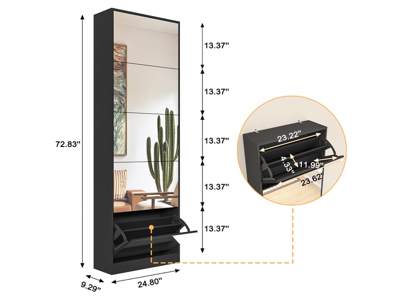 Meuble à chaussures à 5 abattants avec miroir et rangement double niveau pour entrée en mdf noir 63 × 23,6 × 185 cm - Conforama C