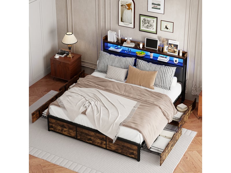 Lit double en fer et bois - 160x200 cm noir mat et brun rustique - led rvb variable - tiroirs de rangement - tête de lit avec étagères - Conforama D