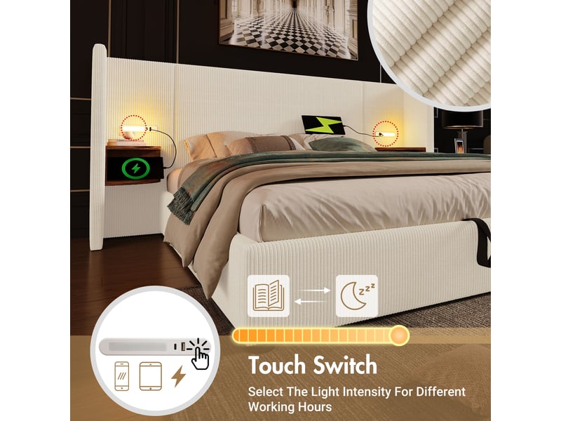  Lit coffre double 160x200 cm avec sommier, tête de lit étagère, liseuse led et ports usb, velours côtelé, beige et blanc  - Conforama B