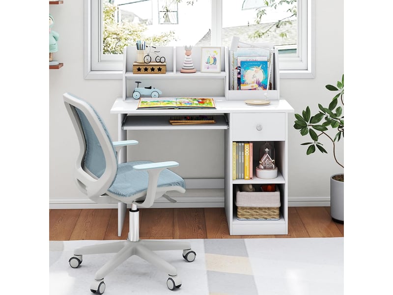 3 en 1 bureau enfant 90 x 45 x 90cm avec rangement, 1 tiroir 2 étagères, table enfant en bois avec plateau à clavier, blanc  - Conforama B