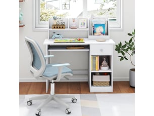 3 en 1 bureau enfant 90 x 45 x 90cm avec rangement, 1 tiroir 2 étagères, table enfant en bois avec plateau à clavier, blanc