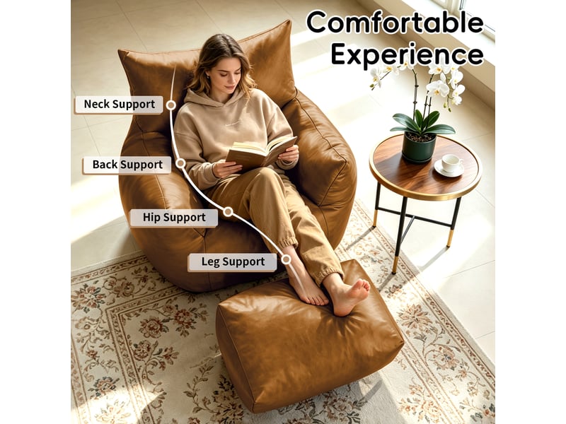 Fauteuil pouf avec repose-pieds, fauteuil de détente ergonomique avec mousse à mémoire de forme, base antidérapante, sans montage, similicuir, marron Seren Glow - Conforama E