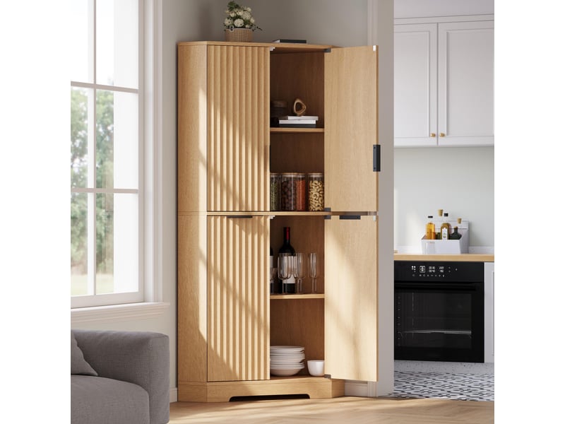 Buffet d'angle - 60x60x172cm - armoire colonne avec 4 portes cannelées ondulées, étagères réglables, anti-basculement - bois naturel - Conforama D