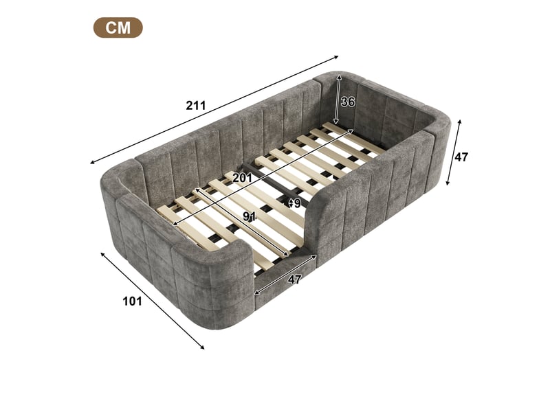  Lit enfant 90 × 200 cm avec barrières rembourrées et entrée, sommier à lattes, revêtement en chenille gris pour chambre  - Conforama C