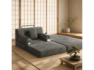 Fauteuil convertible 1 place avec pouf, 4 poches et 2 porte-gobelets en velours côtelé gris foncé