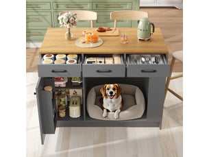 Îlot de cuisine gris et naturel desserte de cuisine avec 3 tiroirs et espace animal 120x60x90 cm