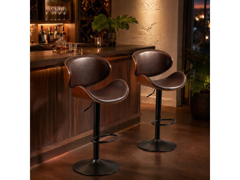  Tabourets de bar lot de 2 pivotants 360° réglables en hauteur - lpospi - dossier ergonomique, bois courbé, simili cuir marron  - Conforama C