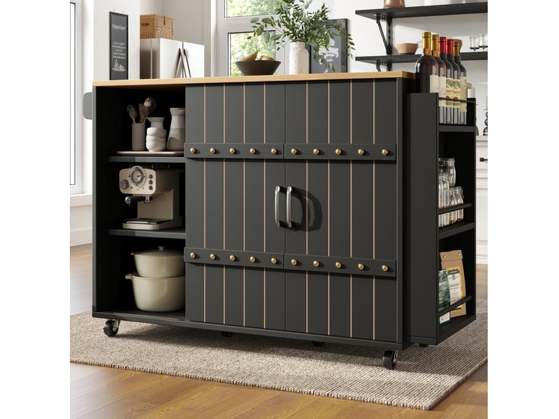  Desserte de cuisine 110 x 42 x 90 cm noire en mdf, plateau rabattable, portes coulissantes sur roulettes  - Conforama B