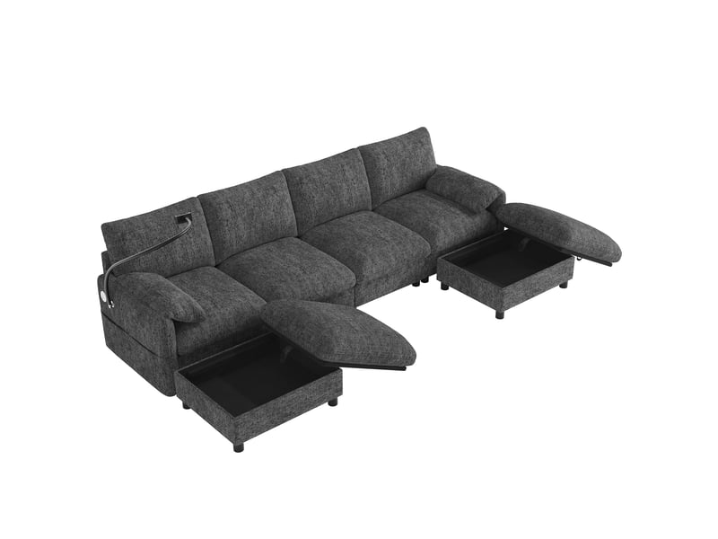 Canapé d'angle modulable gris 6 places tissu chenille, port usb-c, support téléphone et poufs de rangement - Conforama A