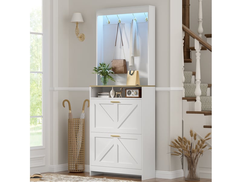 Armoire à chaussures led avec 2 abattants et crochets pour entrée et couloir, blanc et naturel, 70 × 24 × 180 cm - Conforama D