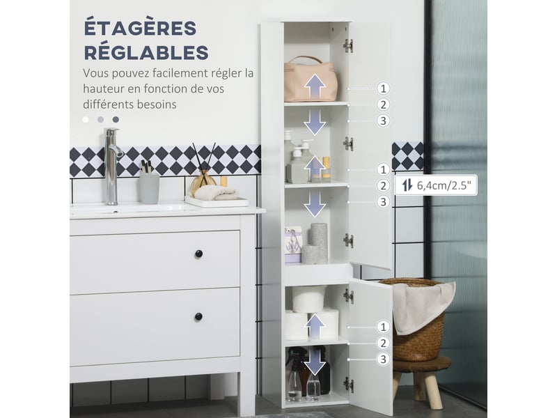  Meuble colonne rangement salle de bain 2 placards 3 étagères réglables style contemporain 30 x 28 x 152,5 cm blanc  - Conforama E