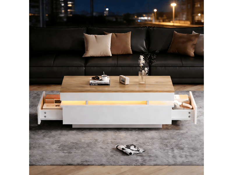  Table basse rectangulaire, avec 2 tiroirs, éclairage led et finition brillante, pour salon, blanc et bois, 100 × 50 × 35 cm  - Conforama D