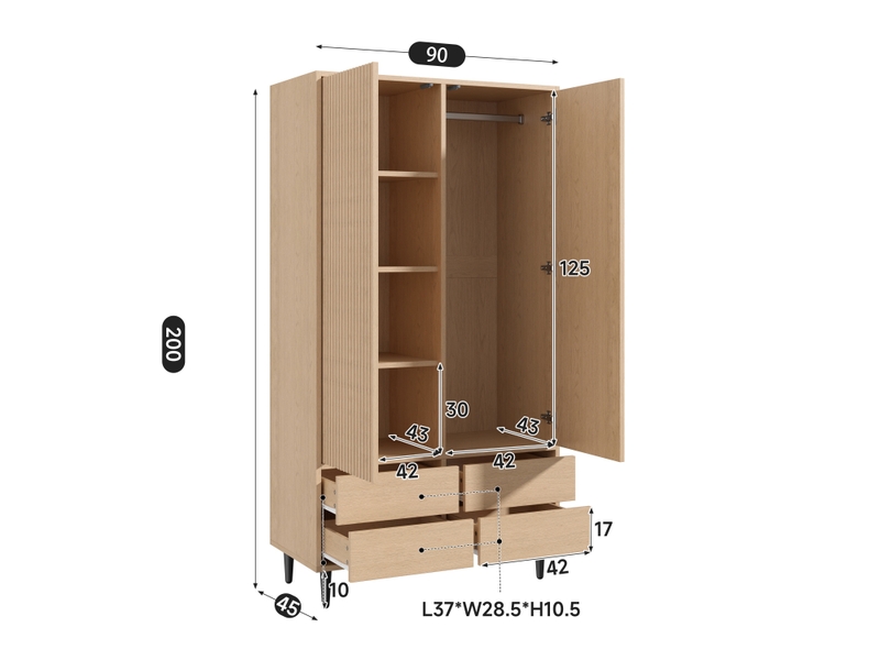 Armoire de chambre 200x90x45 cm, penderie dressing moderne avec miroir, en mdf et acier style scandinave, avec 2 portes et 4 tiroirs, chêne - Conforama E