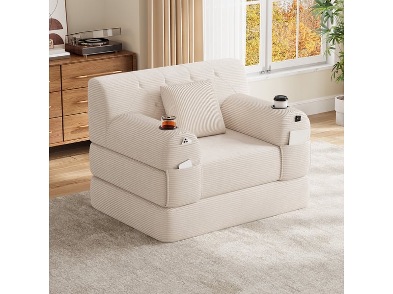  Canapé droit 1 place beige en velours côtelé avec haut dossier et rangement latéral intégré pour salon moderne  - Conforama R