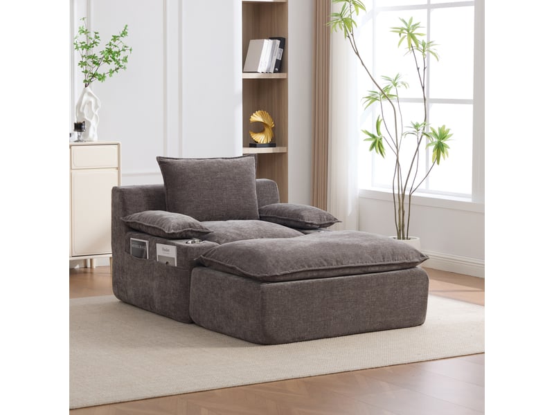  Fauteuil de relaxation convertible avec pouf ottoman 113x93x81cm -  avec 4 coussins, porte-gobelets et poches de rangement - chenille - anthracite  - Conforama B