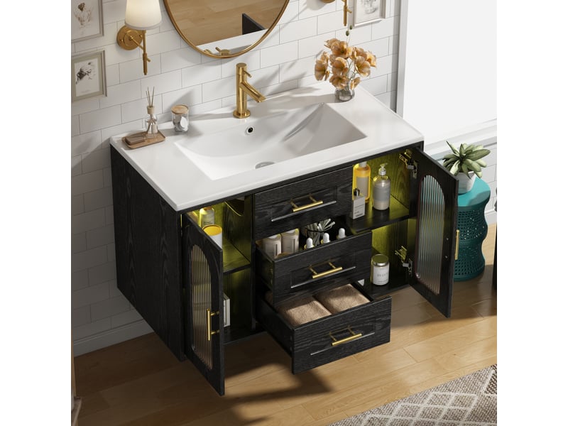  Meuble vasque mural 76x46x55 cm, meuble salle de bain avec led, porte en verre cannelé, tiroirs et étagères réglables, mdf, noir Bliss Lite - Conforama B