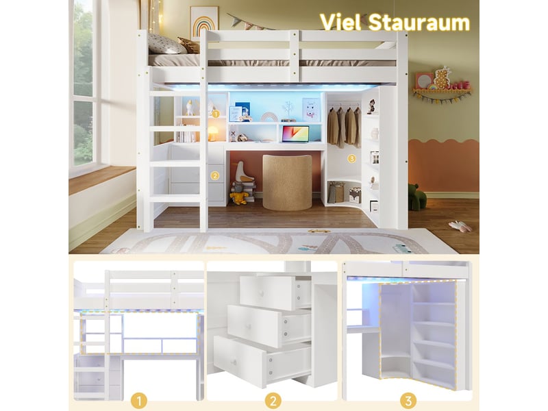  Lit mezzanine 140x200cm avec bureau et armoire - lit double - led multicolore, tiroirs de rangement, garde-corps de sécurité - blanc  - Conforama E