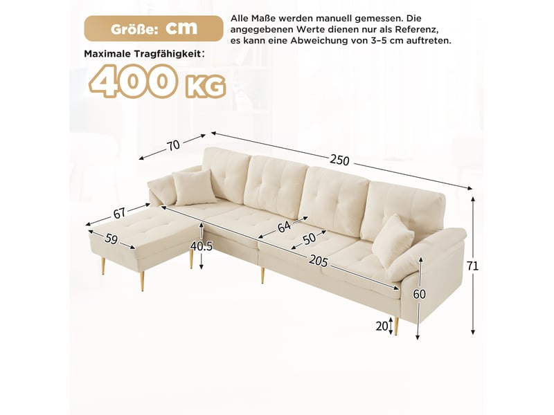  Canapé droit 4 places avec pouf mobile modulable en angle, assise épaisse, pieds en fer, velours côtelé beige clair  - Conforama E